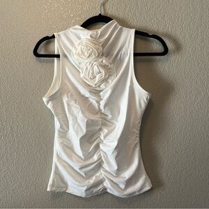 LC Sexy Pleated Vest Blouse Crop Top Stretch Slim Fit Mock Neck With Flowers New